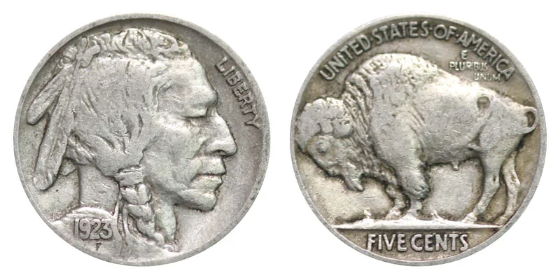 1923 Buffalo Nickel obverse and reverse showing the Native American portrait and bison design