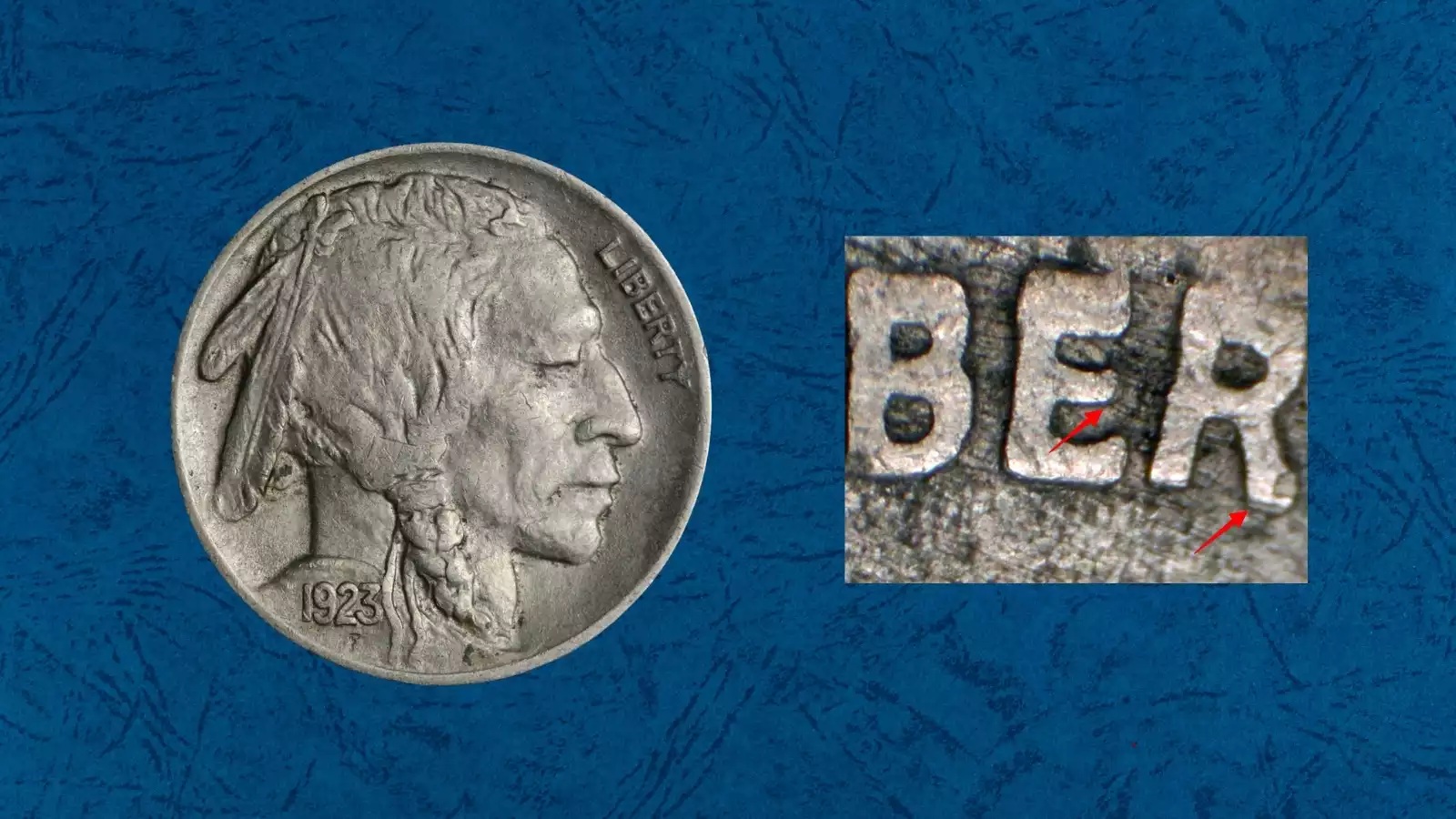 1923 Buffalo Nickel Doubled Die Obverse DDO error showing doubling on the date and design elements
