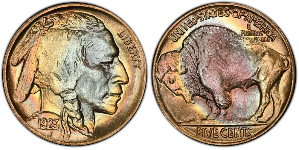1923 Buffalo Nickel grading strip showing four condition tiers from worn Good through gem MS65 uncirculated